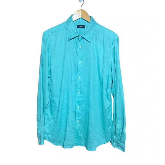 NWT Theory Men’s Celadon Relaxed Linen Button Down‎ Size Medium 100% Linen - Picture 1 of 9